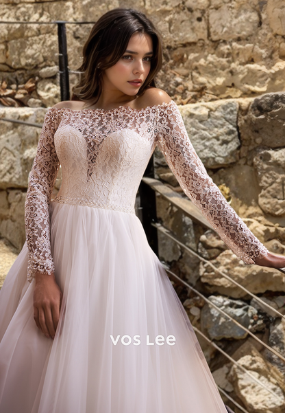 Ornate Off Shoulder Long Sleeves A-Line Lace Appliques Tulle Pleated Wedding Gown