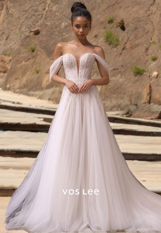 Modest A-Line Off Shoulder Sleeveless Beaded Lace Appliques Court Train Tulle Wedding Dress