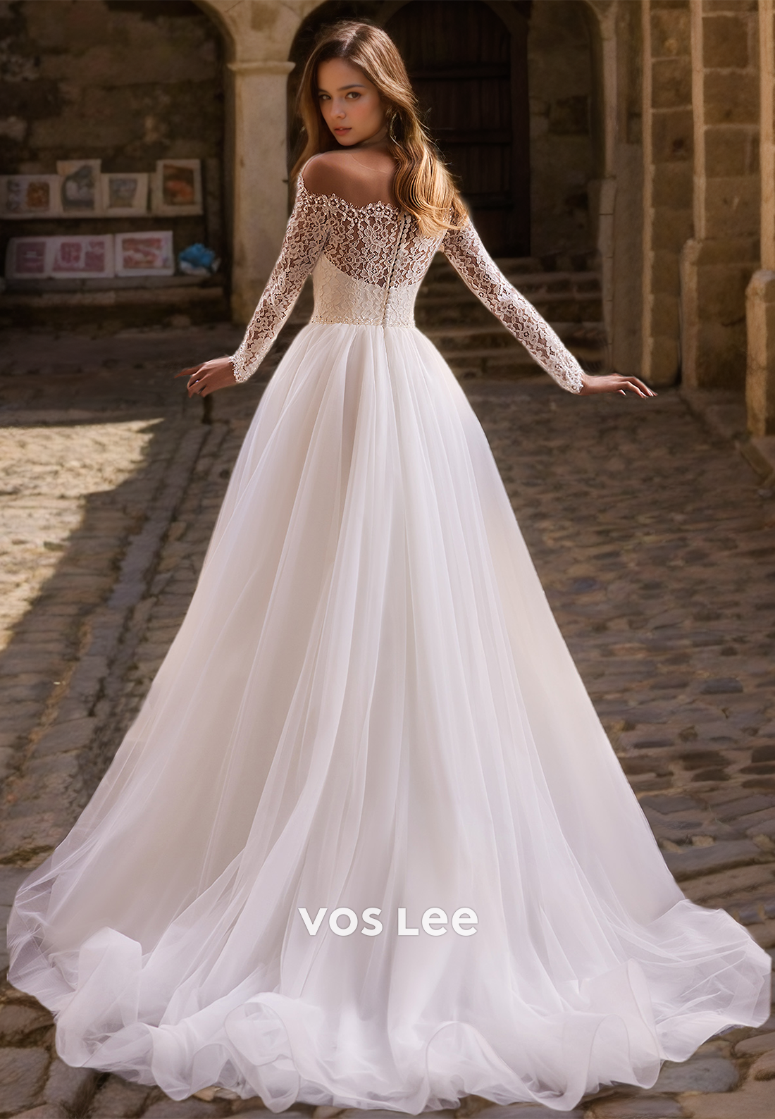 Ornate Off Shoulder Long Sleeves A-Line Lace Appliques Tulle Pleated Wedding Gown