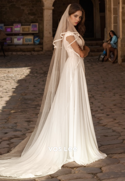 Charming V Neck A-Line Back Zipper Beaded Side Split Ruched Satin Court Train Wedding Dress