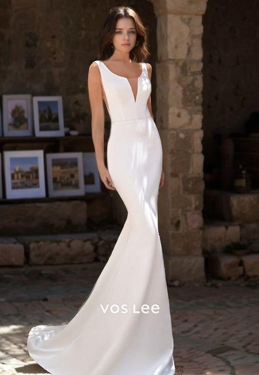 Elegant Column Deep V Neck Sleeveless Back Zipper Sweep Train Satin Wedding Dress