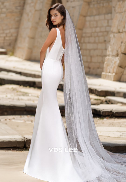 Elegant Column Deep V Neck Sleeveless Back Zipper Sweep Train Satin Wedding Dress