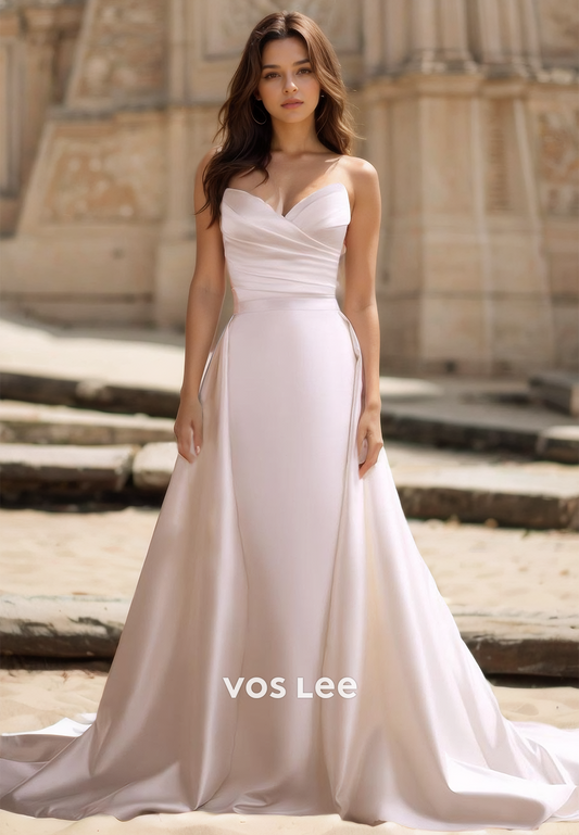 Graceful V Neck Backless A-Line Pleated Court Train Sleeveless Satin Wedding Gown