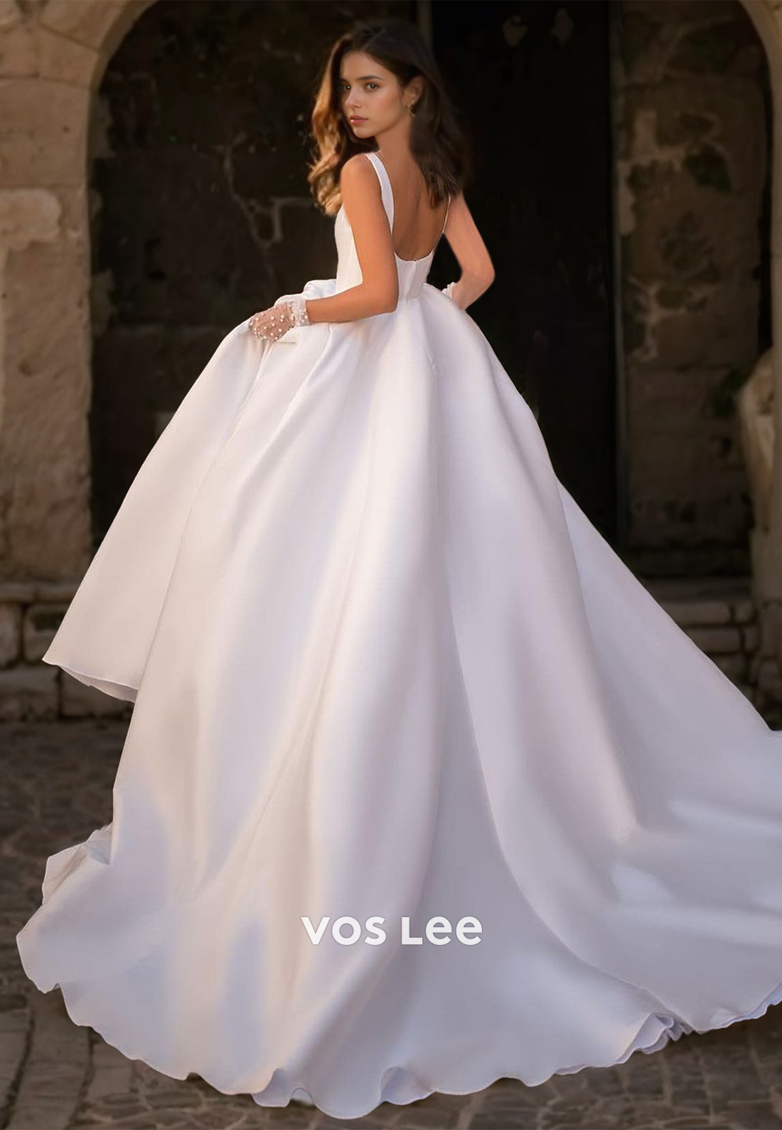 Charming Scoop Neck Backless Spaghetti Straps A-Line Court Train Satin Wedding Gown