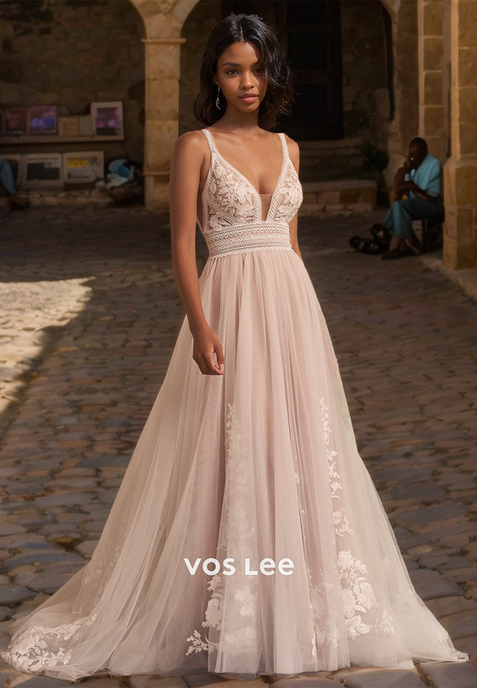 Vintage A-Line Deep V Neck Spaghetti Straps Backless Lace Appliques Pleated Tulle Wedding Gown