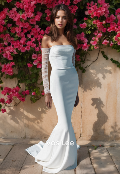 Mermaid Sheath Strapless Long Sleeves Ruched Backless Sweep Train Satin Wedding Dress