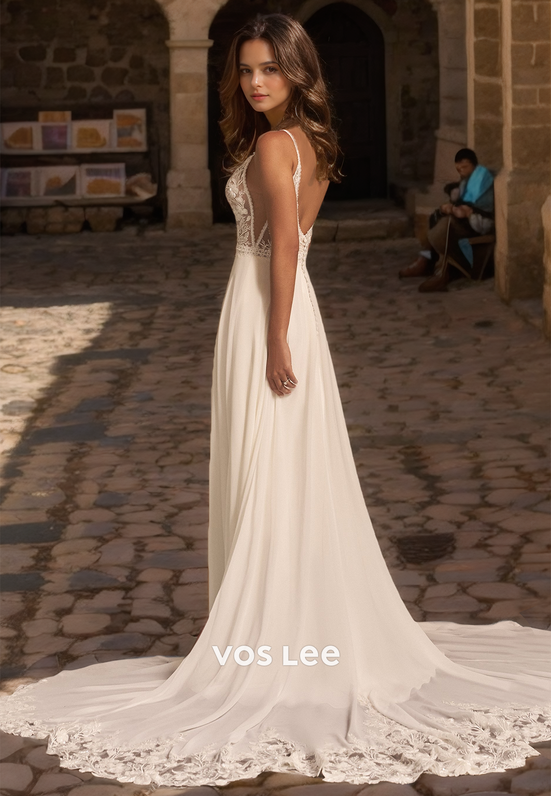 Modest Spaghetti Straps Deep V Neck Court Train A-Line Backless Wedding Bride Dress