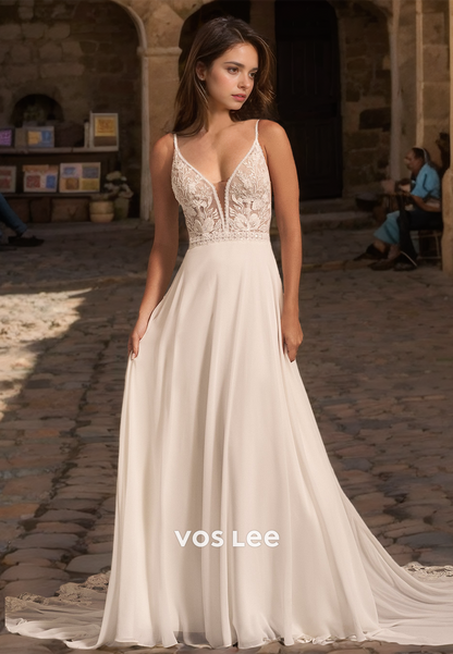 Modest Spaghetti Straps Deep V Neck Court Train A-Line Backless Wedding Bride Dress