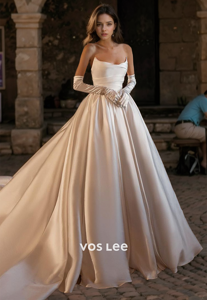 Elegant A-Line V Neck Back Zipper Half Sleeves Court Train Draped Satin Wedding Gown