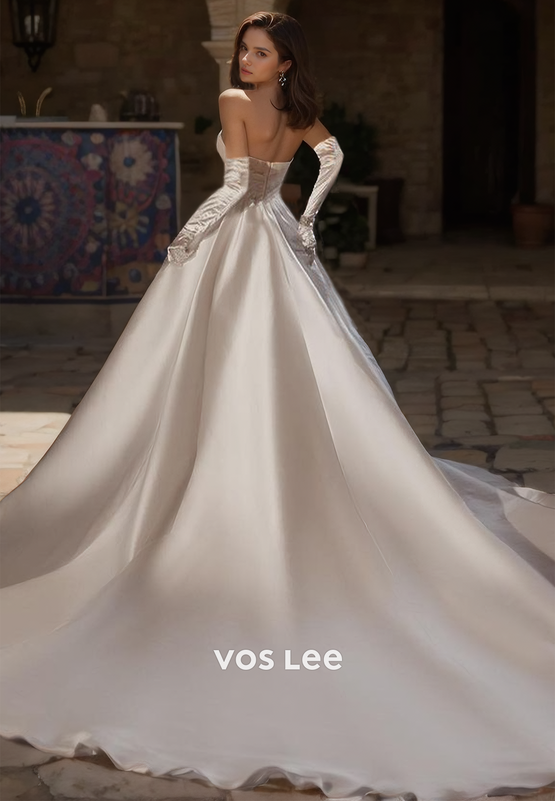 Elegant A-Line V Neck Back Zipper Half Sleeves Court Train Draped Satin Wedding Gown