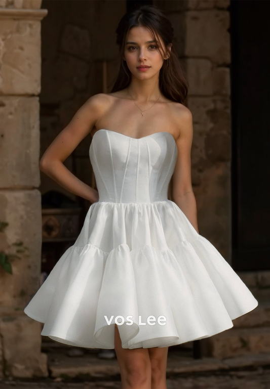 Simple A-Line Sweetheart Lace Up Short Sleeveless Pleated Satin Wedding Guest Dress