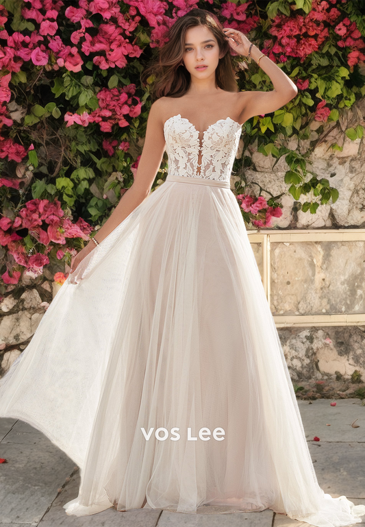 Unique Sweetheart A-Line Sleeveless Back Zipper Lace Appliques Tulle Wedding Bride Gown