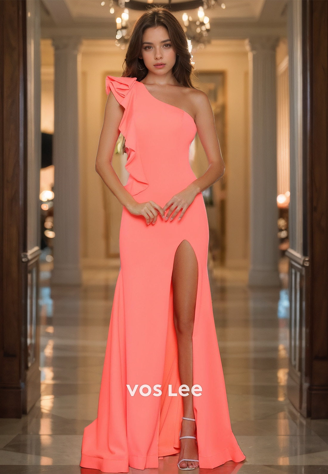 Elegant One Shoulder Column Ruffles Satin Sleeveless High Split Prom Party Dress