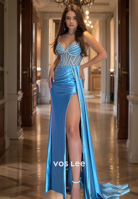 Elegant Sweetheart Column Spaghetti Straps Draped Prom Evening Dress with Split