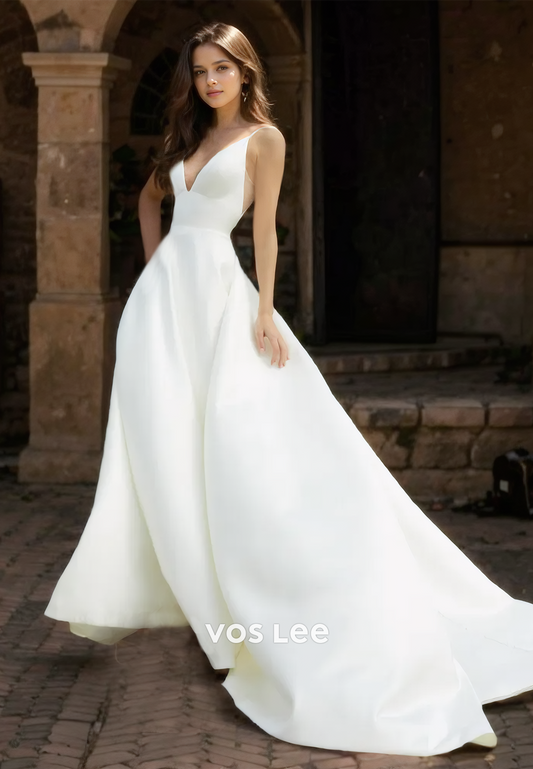 Simple A-Line Plunging V Neck Illusion Backless Court Train Ruched Satin Wedding Dress