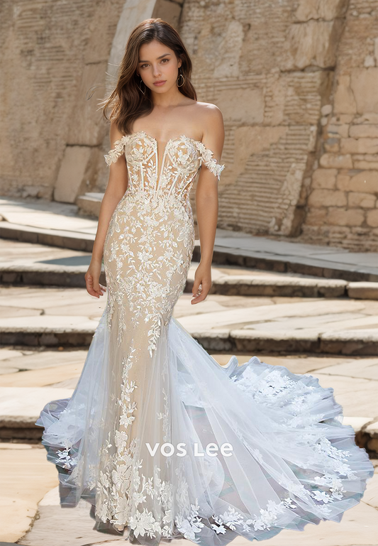 Ornate Off Shoulder Sleeveless Mermaid Sheath Lace Appliques Court Train Tulle Wedding Dress Glitter