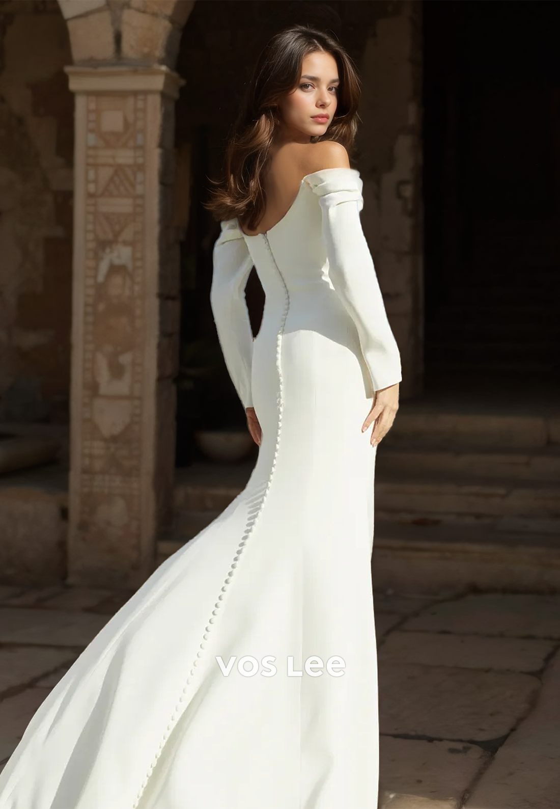 Simple Sheath Off Shoulder Long Sleeves Sweep Train Zipper Draped Satin Wedding Dress