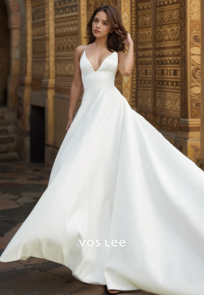 Simple A-Line Plunging V Neck Illusion Backless Court Train Ruched Satin Wedding Dress