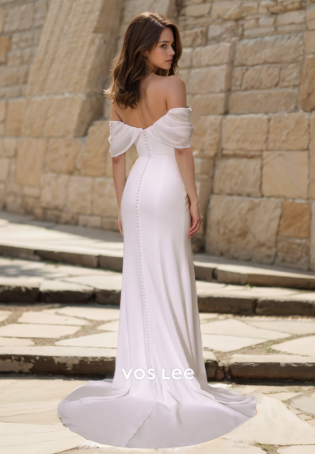 Modest Sheath Off Shoulder Back Zipper Sleeveless Side Split Satin Wedding Dress