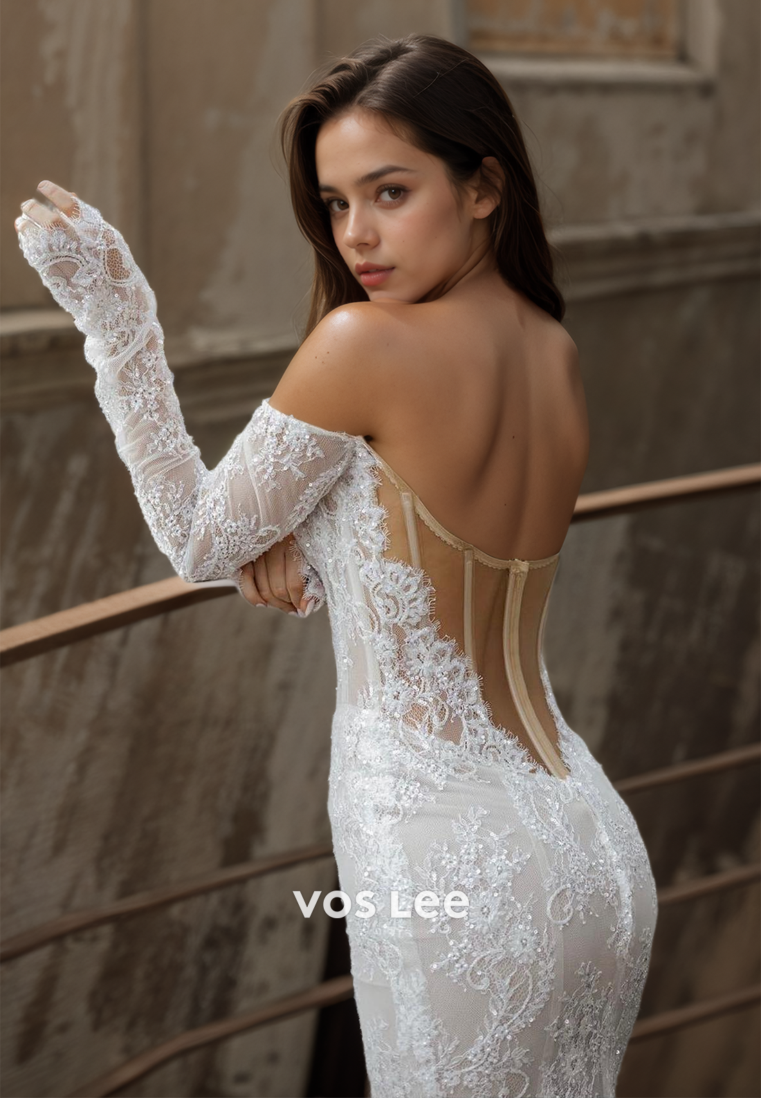 Luxury Merimaid Off Shoulder Sheath Backless Long Sleeves Beaded Lace Appliques Wedding Dress