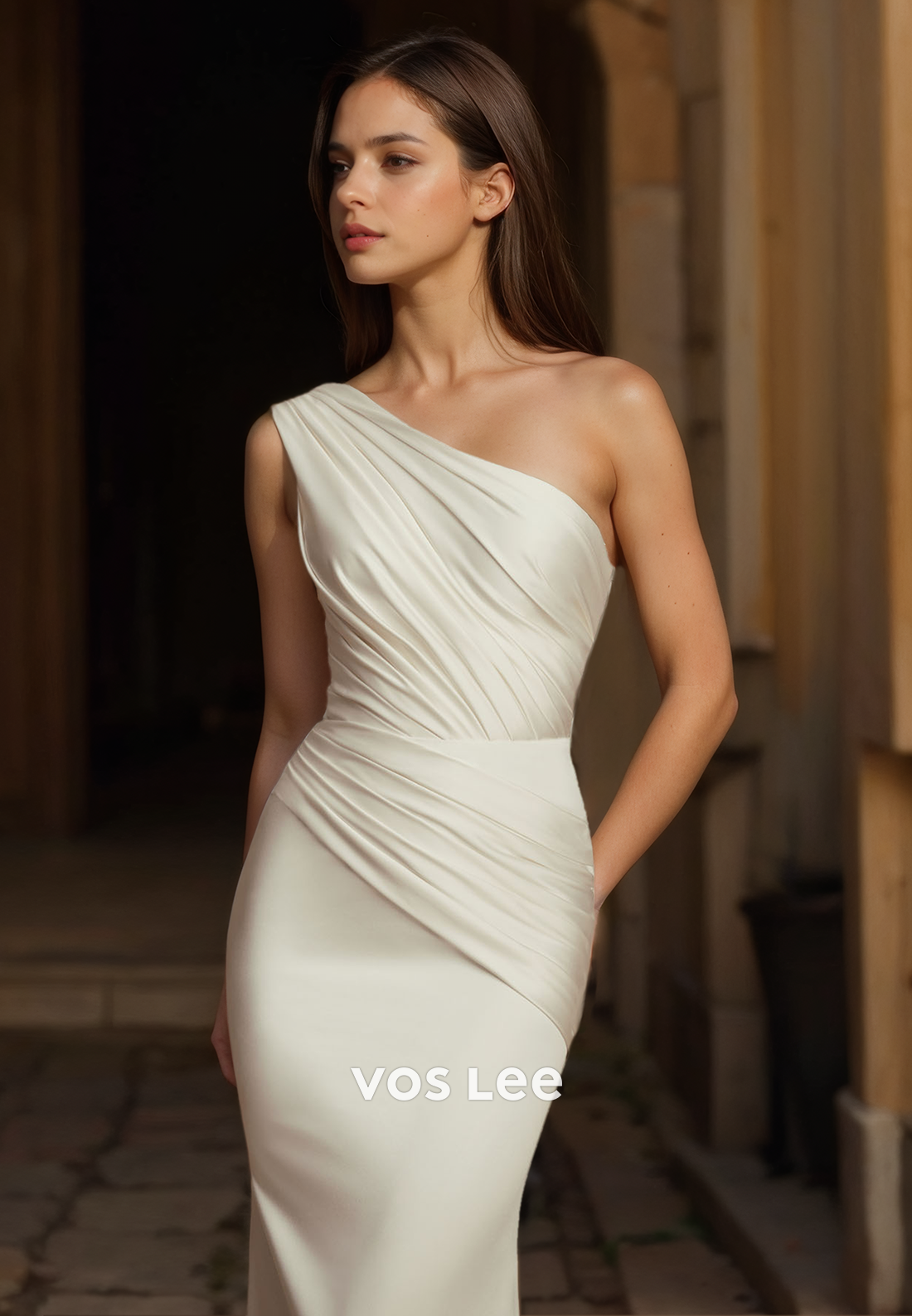 Elegant One Shoulder Column Sleeveless Sweep Train Ruched Satin Wedding Bride Dress