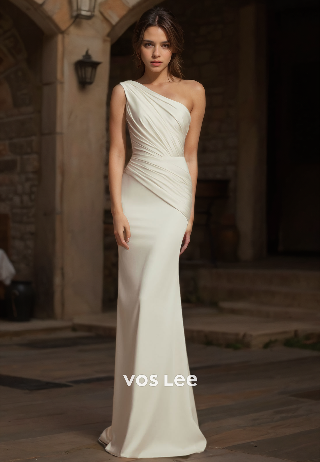 Elegant One Shoulder Column Sleeveless Sweep Train Ruched Satin Wedding Bride Dress