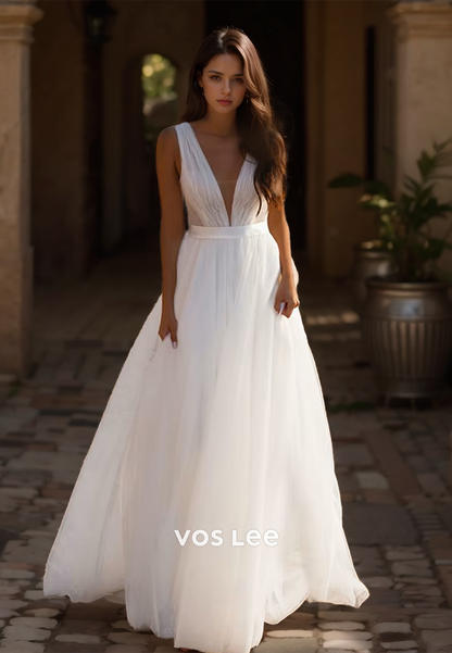 Simple Deep V Neck Backless Straps Sweep Train Sleeveless Pleated Tulle Wedding Bride Dress