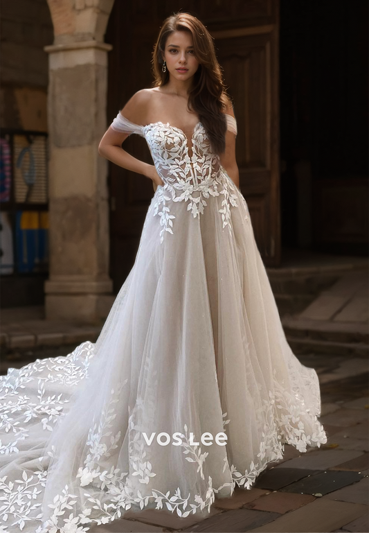 Elegant A-Line Off Shoulder Back Zipper Lace Appliques Tulle Sequins Wedding Bride Dress