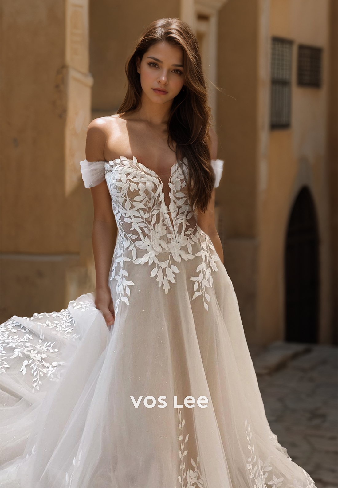 Elegant A-Line Off Shoulder Back Zipper Lace Appliques Tulle Sequins Wedding Bride Dress