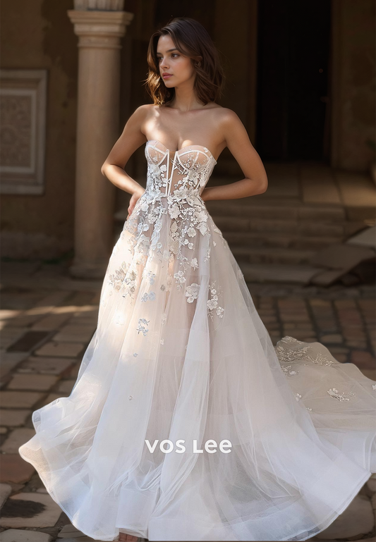 Unique Sweetheart Sleeveless Back Zipper Lace Appliques Tulle Court Train Wedding Gown