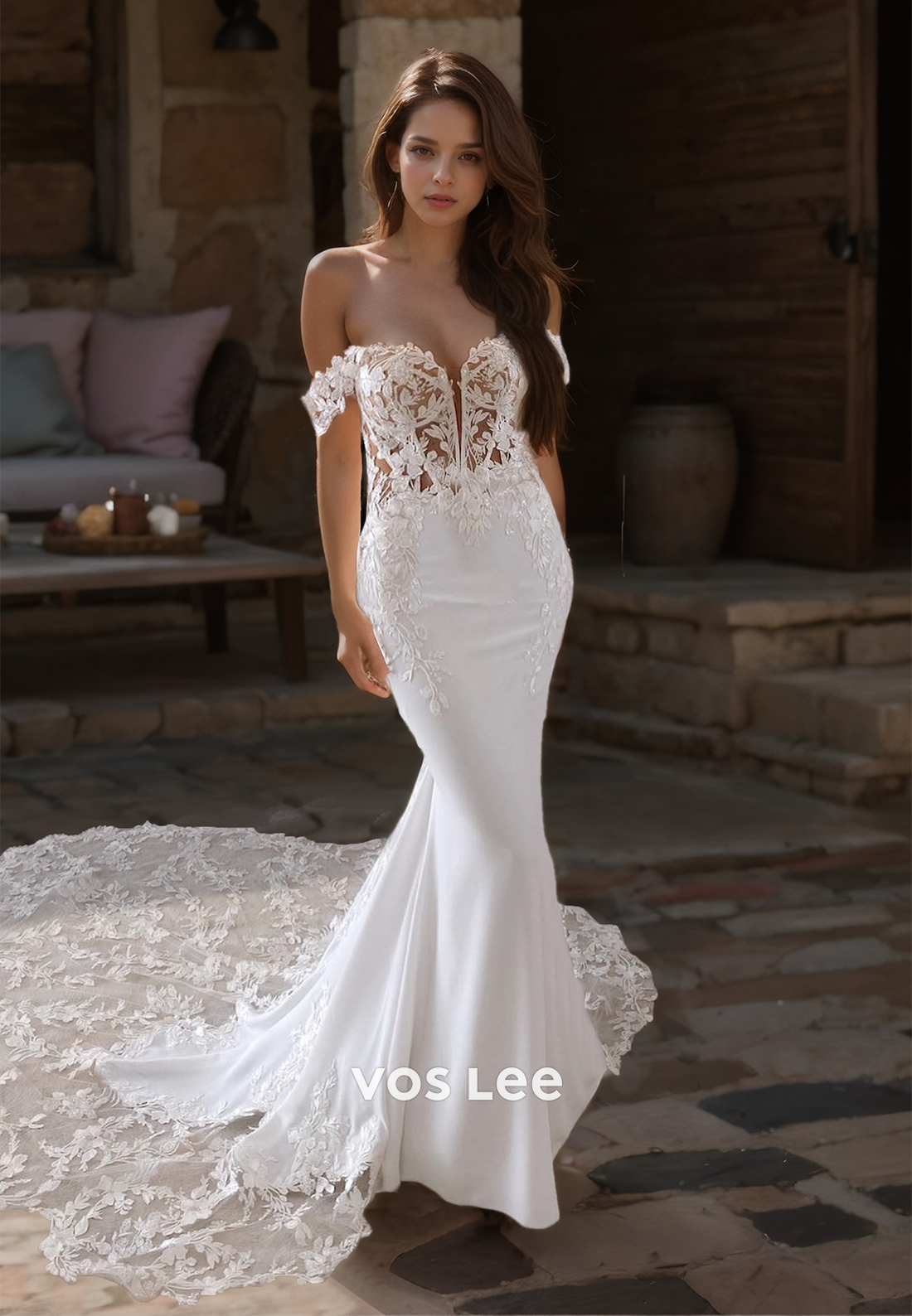 Mermaid Sexy Off Shoulder Column Backless Lace Appliques Court Train Satin Wedding Dress