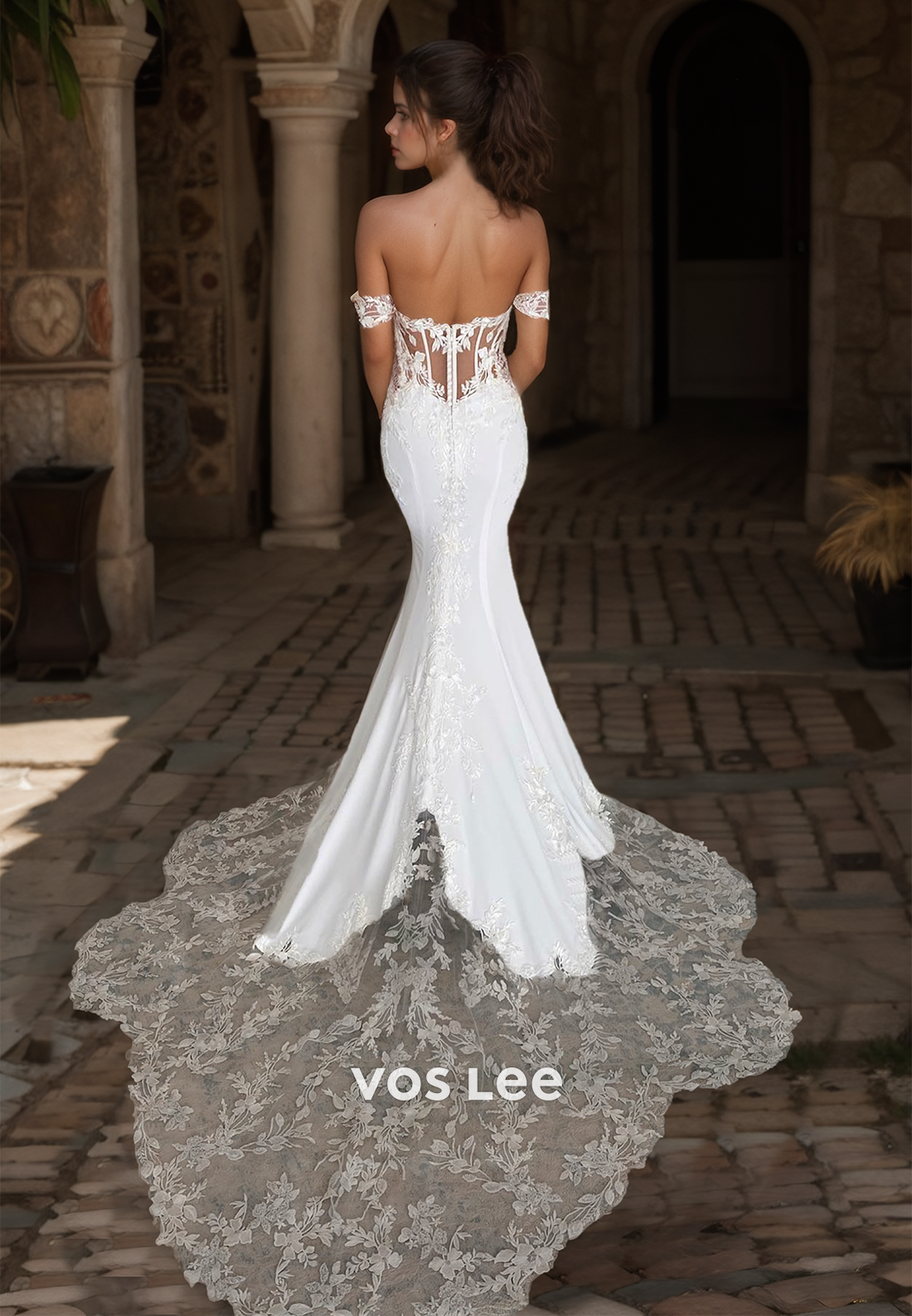 Mermaid Sexy Off Shoulder Column Backless Lace Appliques Court Train Satin Wedding Dress