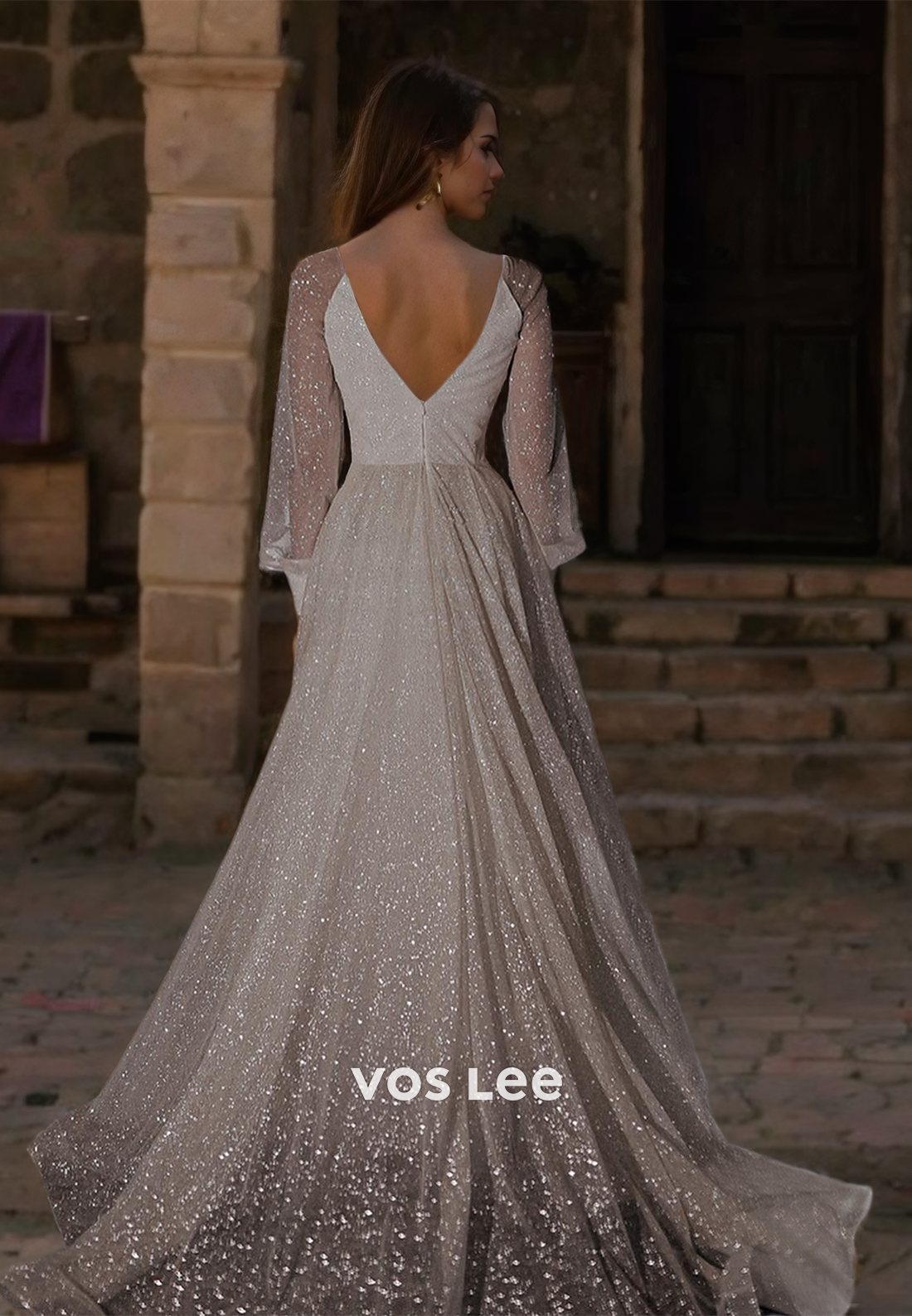 Charming A-Line Long Sleeves Illusion Side Split Backless Sequins Sweep Train Wedding Dress