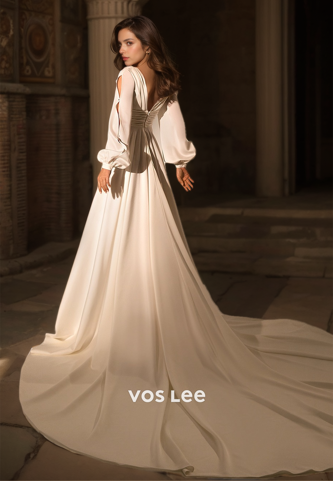 Charming V Neck Long Sleeves A-Line Court Train Zipper High Split Satin Wedding Dress