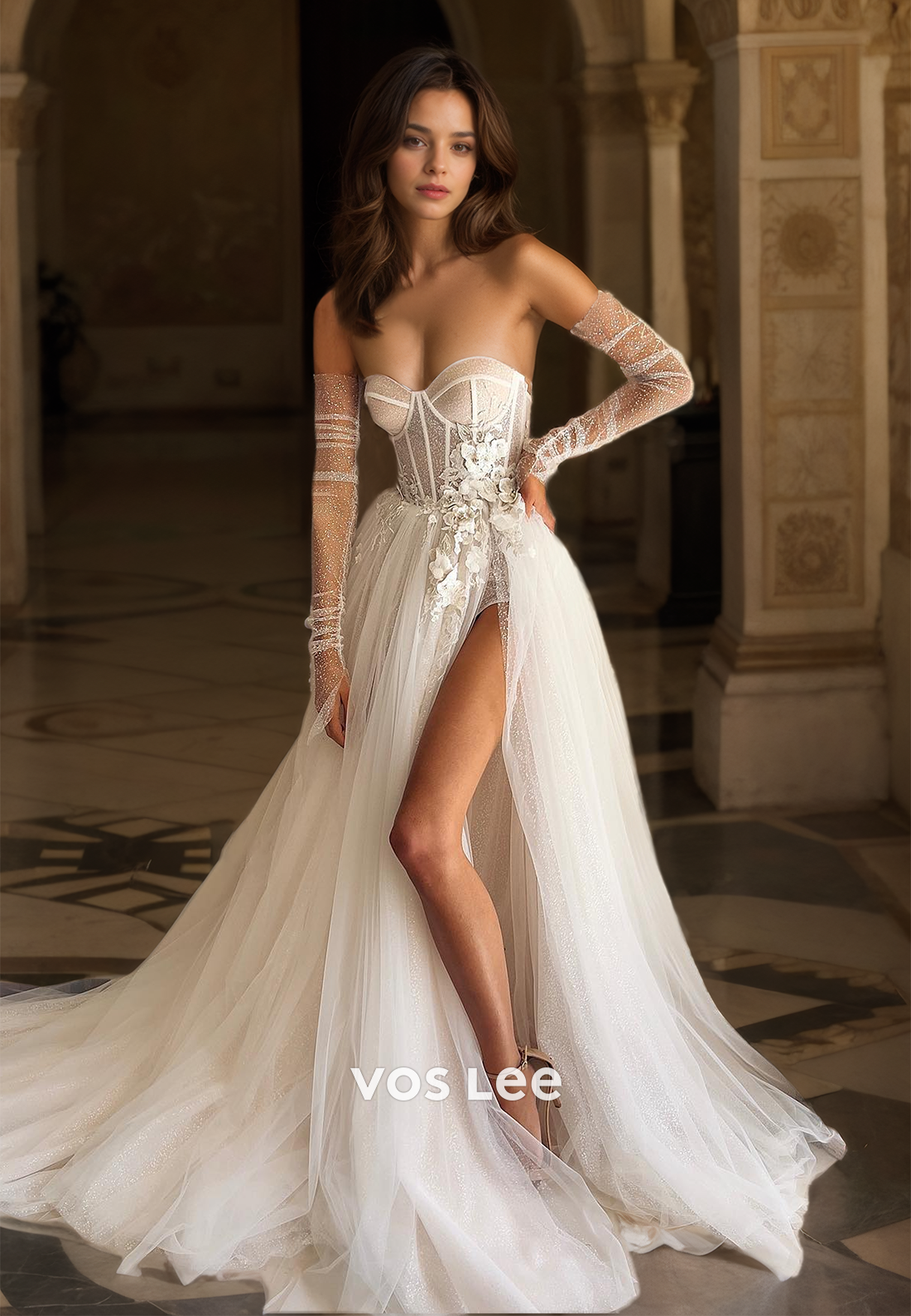 Graceful A-Line Strapless Lone Sleeves Sweetheart High Split Sequins Lace Appliques Tulle Wedding Dress