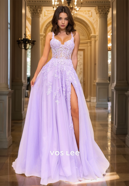 Gorgeous A-Line Sweetheart Backless Spaghetti Straps Sweep Train Pleated Lace Appliques Prom Formal Dress