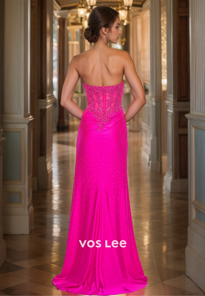 Charming Fuchsia Sweertheart Column Side Split Lace Appliques Beaded Satin Prom Evening Dress