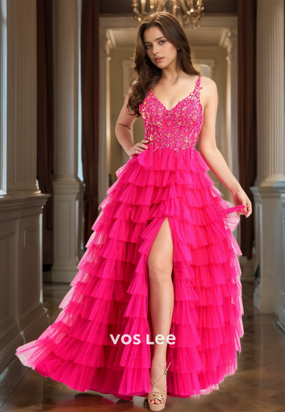 Ornate A-Line V Neck Back Zipper Floor Length Side Split Lace Appliques Tulle Prom Evening Dress