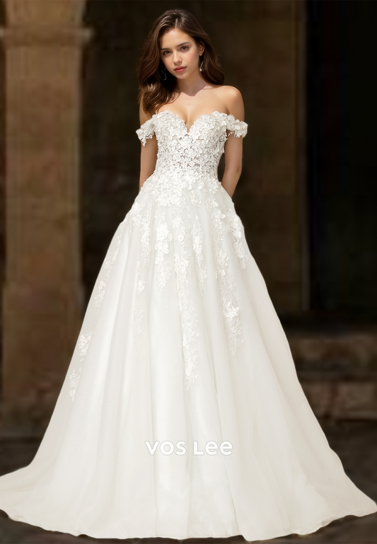 Elegant Off Shoulder A-Line Lace Appliques Tulle Draped Wedding Dress