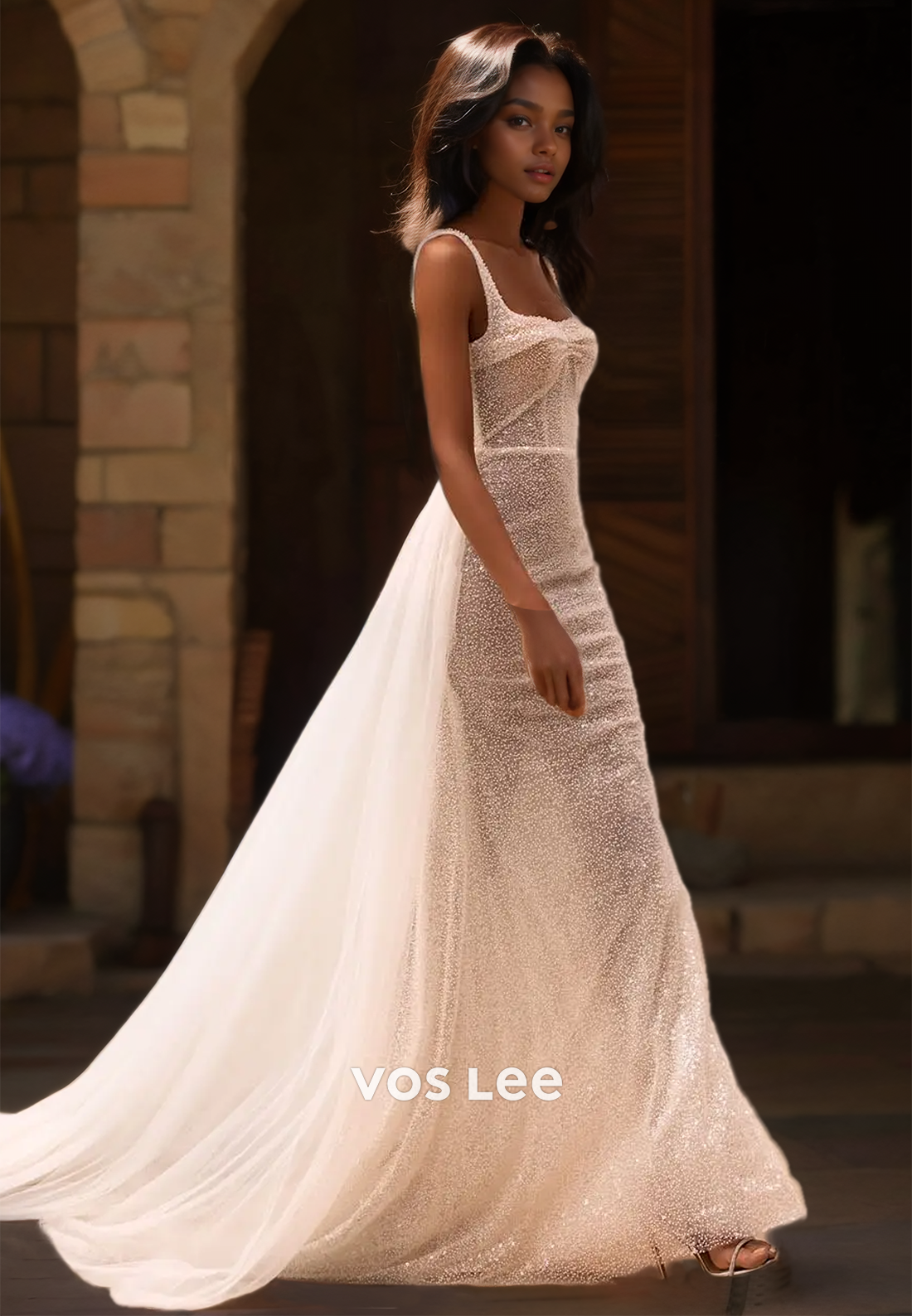 Ornate Square Neck Straps Beaded Backless Column Wedding Dress