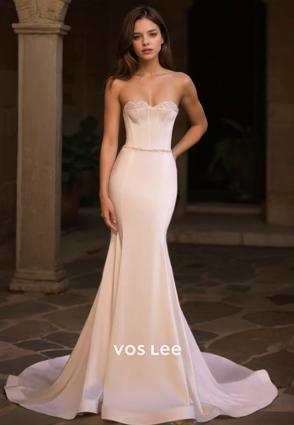 Mermaid Sheath Sweetheart  Draped Beaded Elegant Satin Wedding Dress