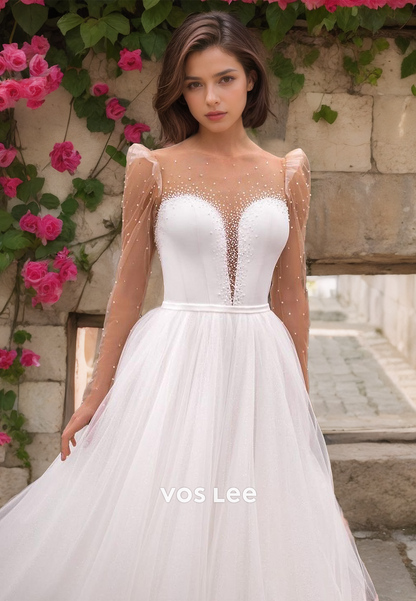 Elegant A-Line Plunging Illusion V-Neck Tulle Beaded Wedding Gown