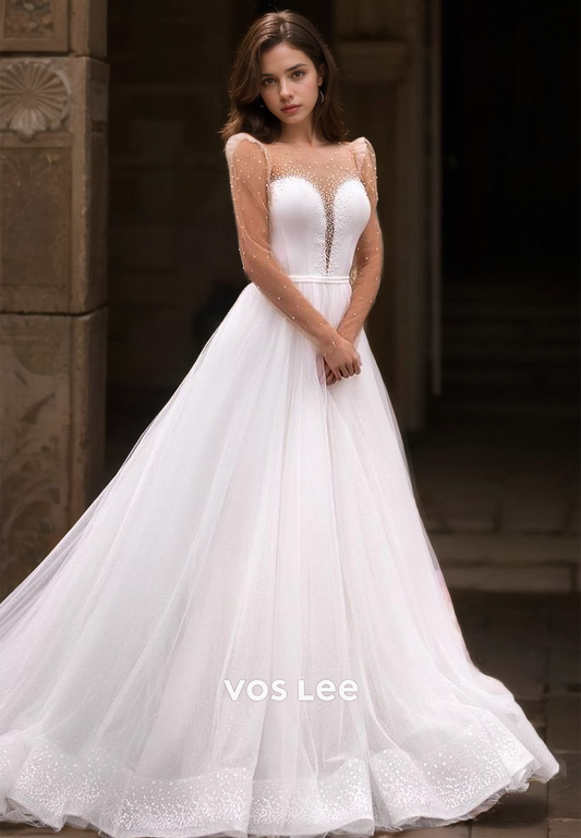 Elegant A-Line Plunging Illusion V-Neck Tulle Beaded Wedding Gown