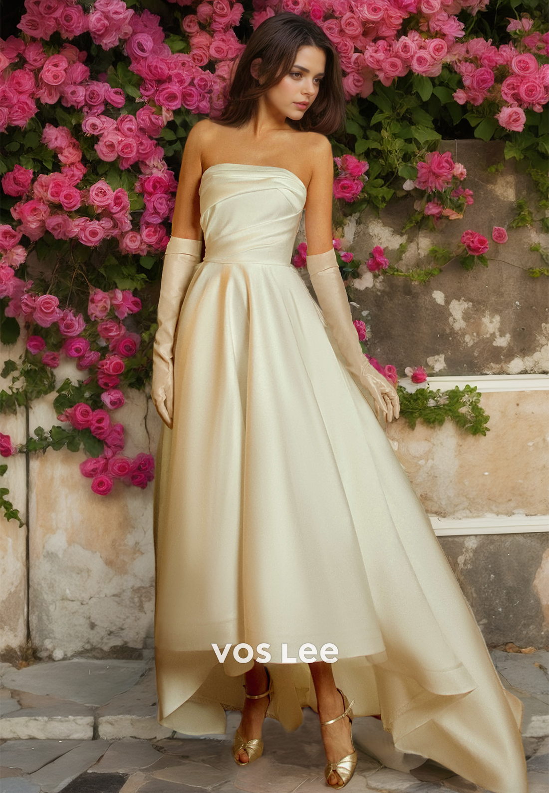 Simple High Low A-Line Strapless Ruched Satin Wedding Gown