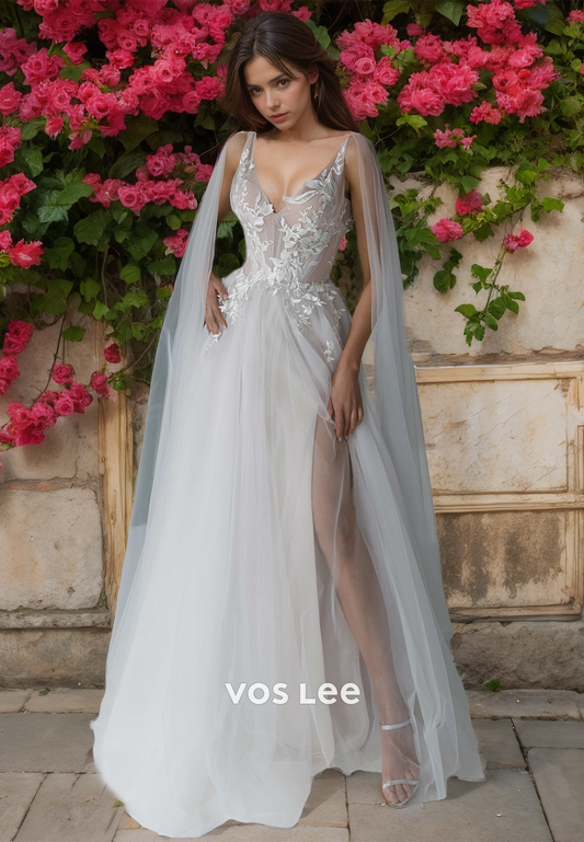 Sexy A-Line V-Neck Lace Appliques Tulle Straps Wedding Gown