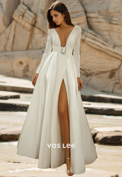 Elegant A-Line High Split Plunging Illusion V-Neck Belt Satin Wedding Dress