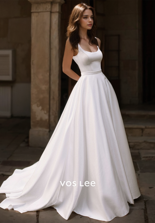 Elegant A-Line Scoop Neck Straps Sweep Train Satin Wedding Gown