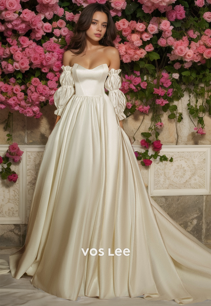 Ornate A-Line V-Neck Puff Sleeves Ruchd Court Train Satin Wedding Dress