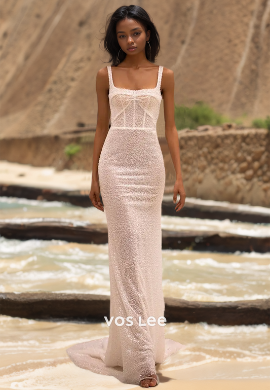 Ornate Square Neck Straps Beaded Backless Column Wedding Dress