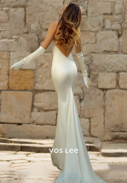 Sexy Mermaid V-Neck Spaghetti straps Sheath Ruched Wedding Gown